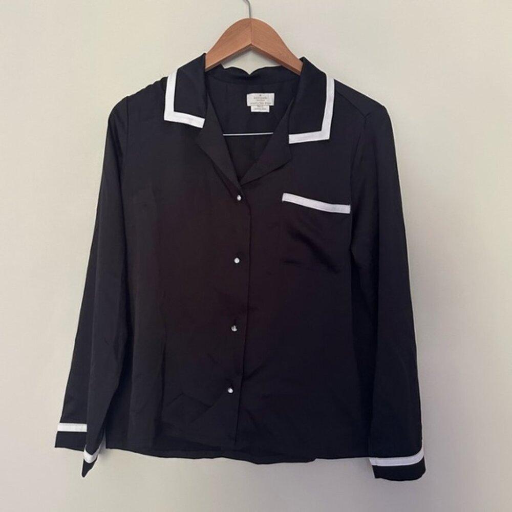Kate Spade Black Satin White Trim Pajama Top